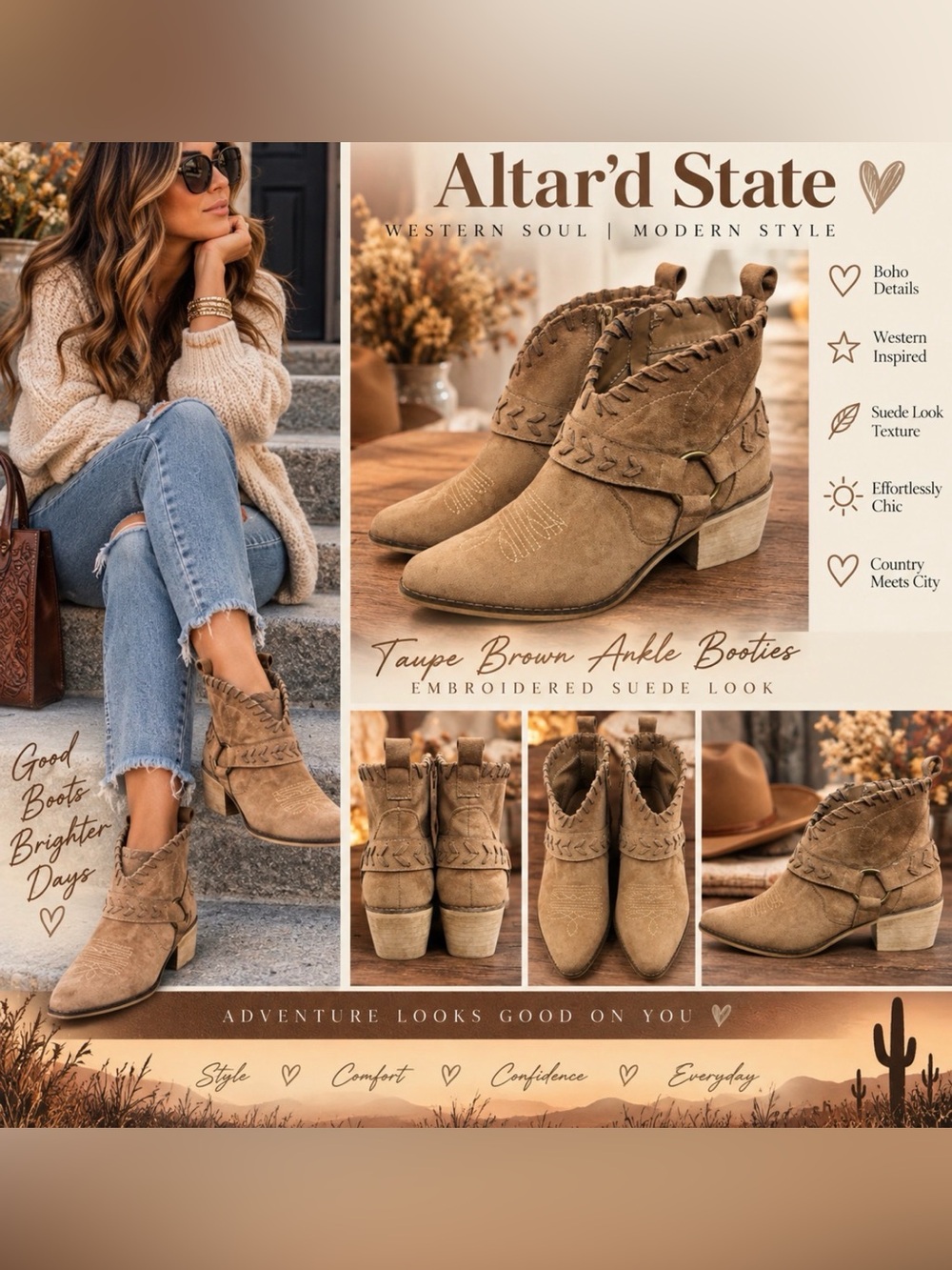 Altar'd State Taupe Brown Suede Embroidered Western Ankle Booties
